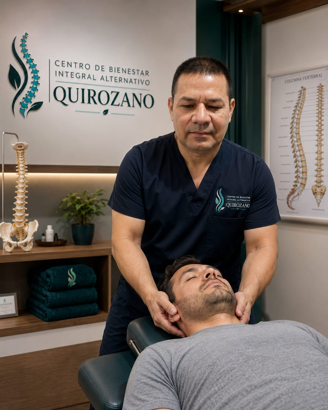 Profesional de QUIROZANO realizando una técnica de terapia manual cervical a un paciente sobre la camilla.